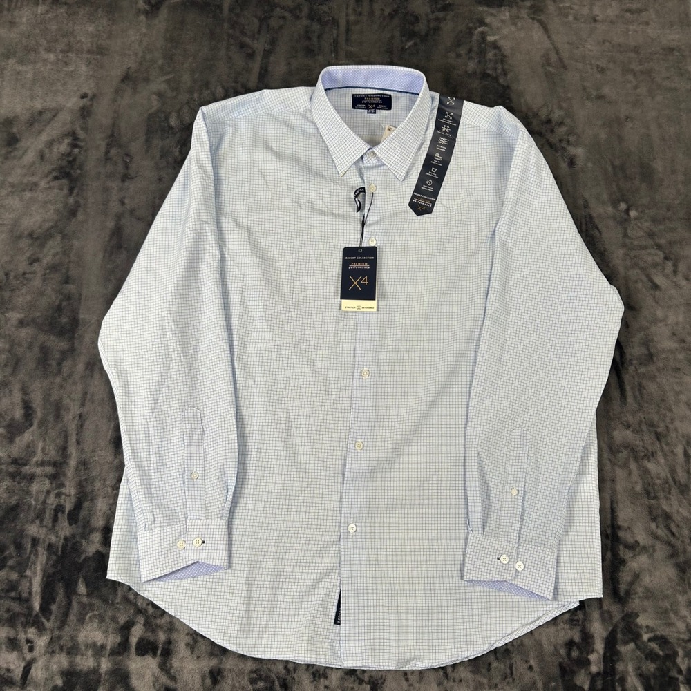 Report Collection Button Down Men XXL Blue Check Premium Performance X4 Slim Fit